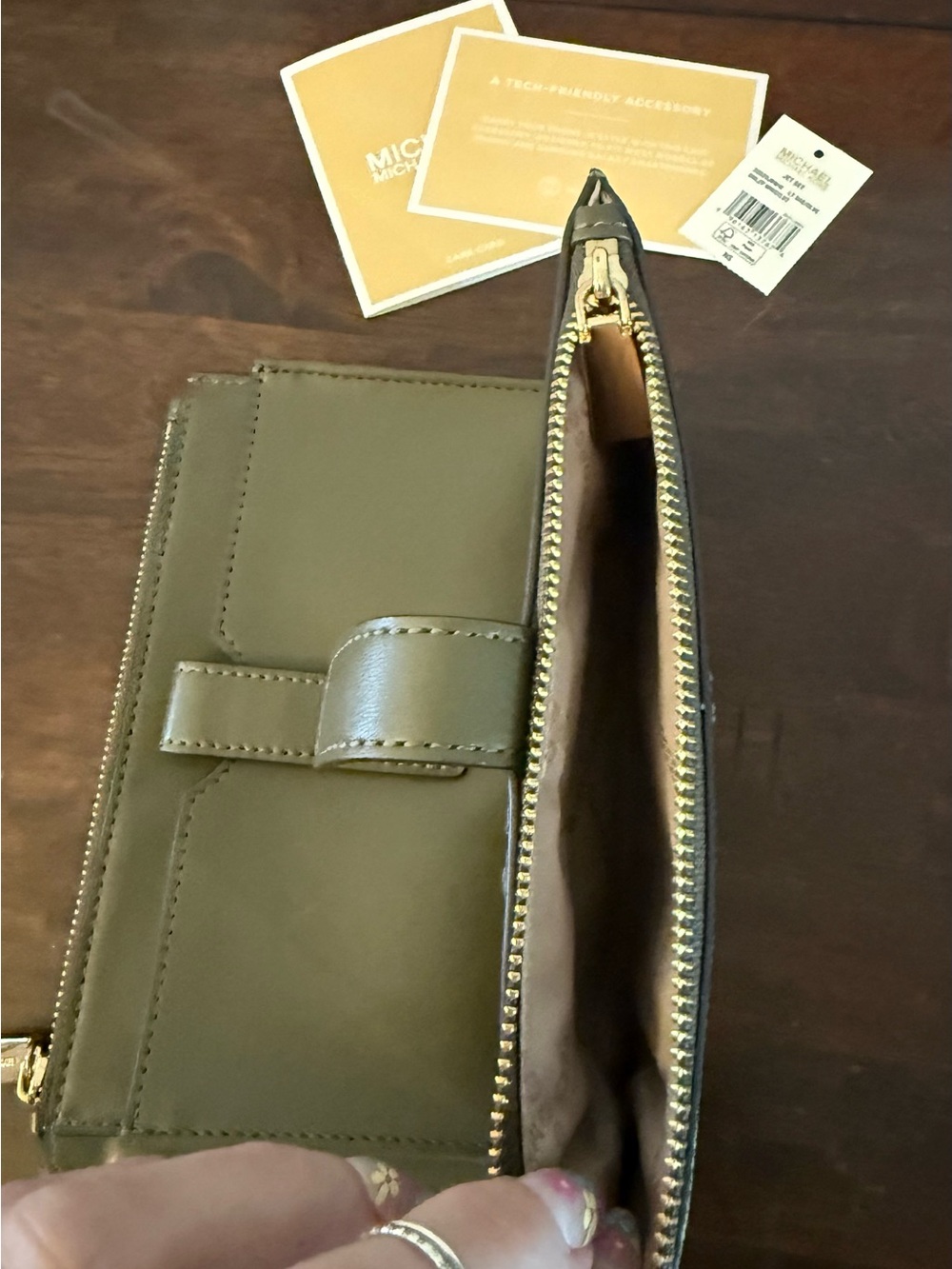 Michael Kors Two-Tone MK Logo Zip Wristlet - Olive & Dark Olive - Picture 7 of 11